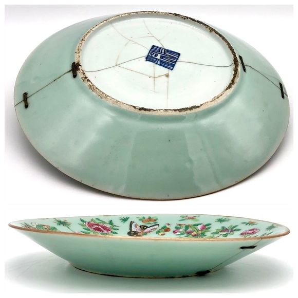 Coming Soon Kintsugi! Chinese Celadon 10” Plate Staple Repair Gold Crack Growth - Picture 2 of 5